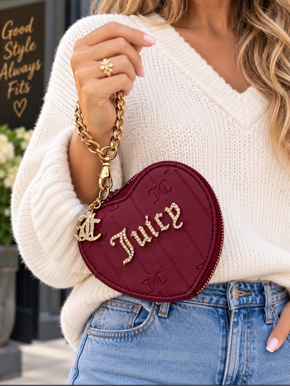 Juicy Couture Plum Heart Wristlet Gold Chain Rhinestone Logo